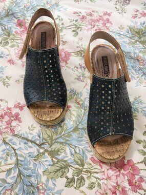 PIKOLINOS Navy and Tan Perforated Leather Wedge Sandals